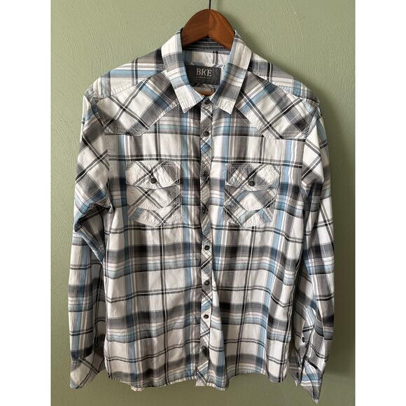 BKE Men's Size Large Western Plaid Pearl Snap Button Up Rodeo Rancher Shirt - Picture 8 of 11